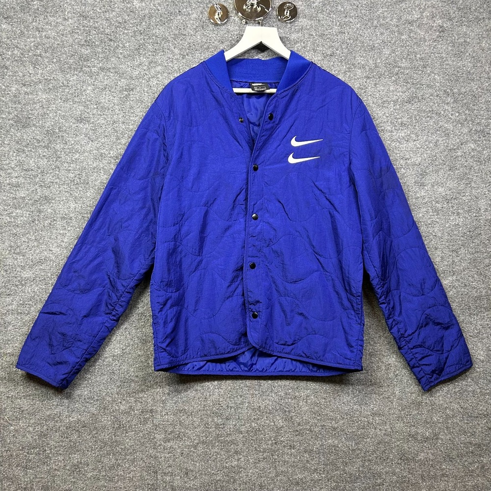 Nike Swoosh Bomber Jacket Men Medium Royal Blue Good Snap Quilted Sportswear